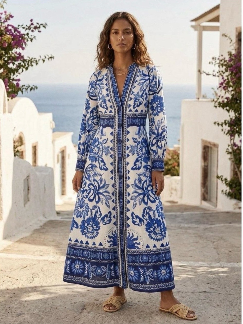 NWT Caroline Constas Blue White Mediterranean Floral Maxi Dress US S Linen Blend